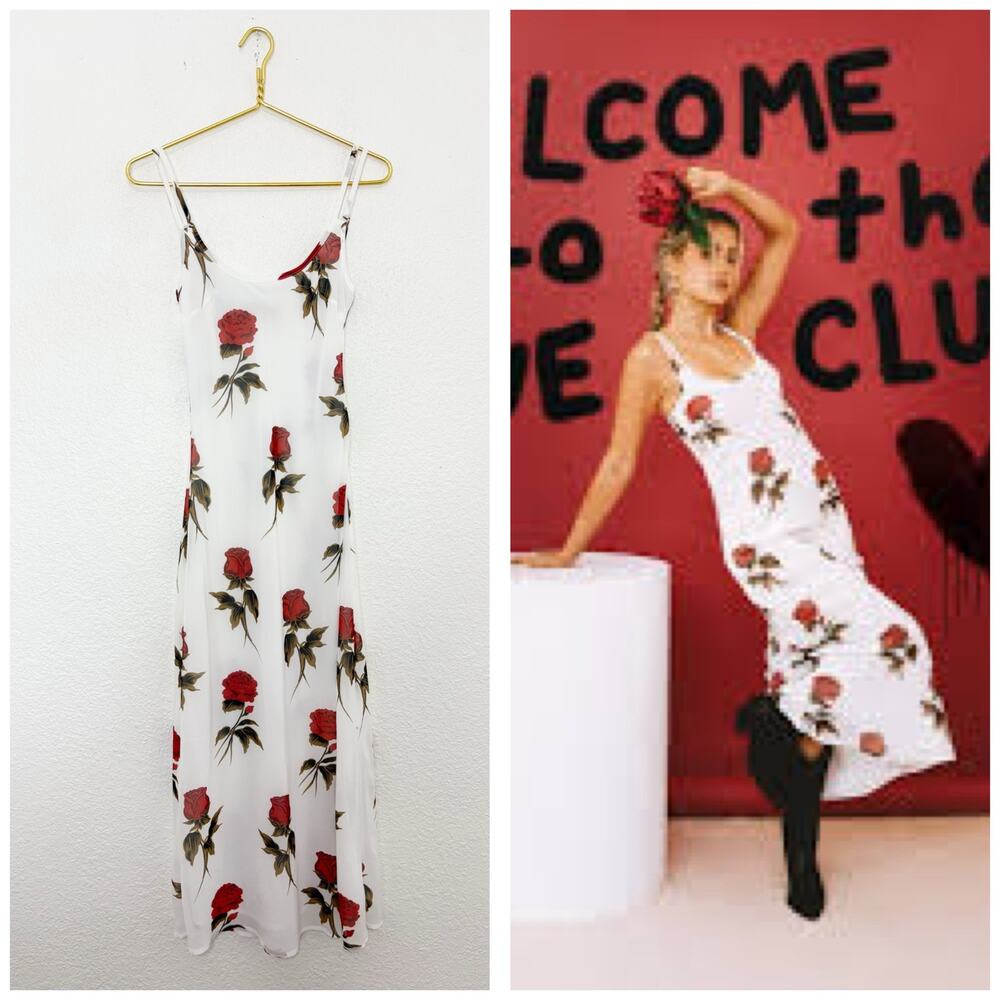 VRG Grl Rose Print White Midi Slip Dress Size 6 Romantic Wedding Feminine
